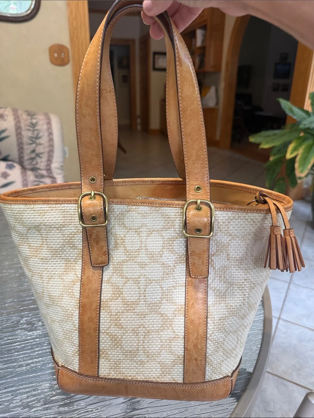 Coach Cream Canvas Tote with Tan Leather Trim